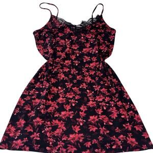 Express Women’s Red Floral Slip Dress Black Lace Trim Spaghetti Strap Small
